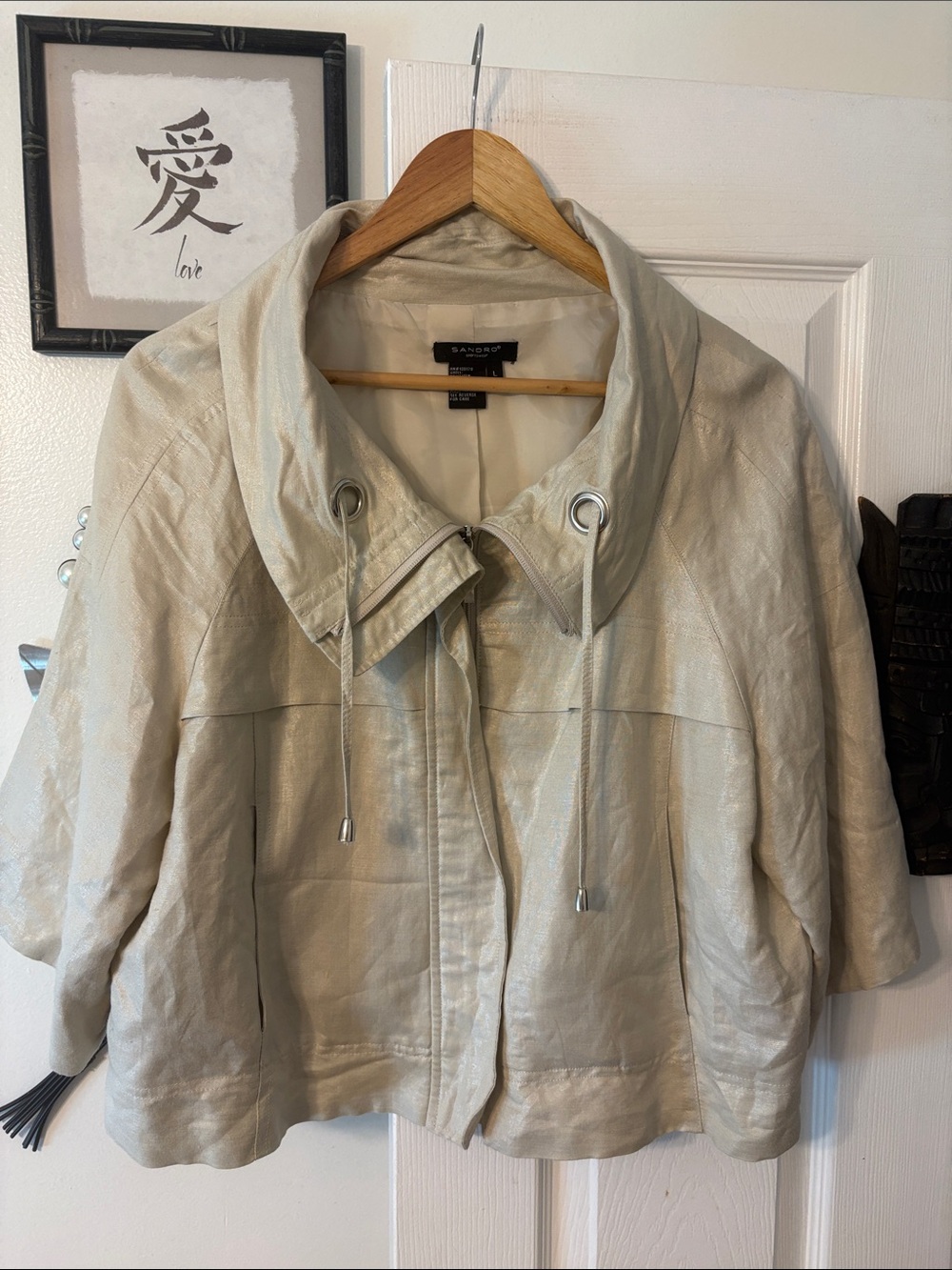 Sandro Beige Linen Drawcord Funnel Collar Jacket